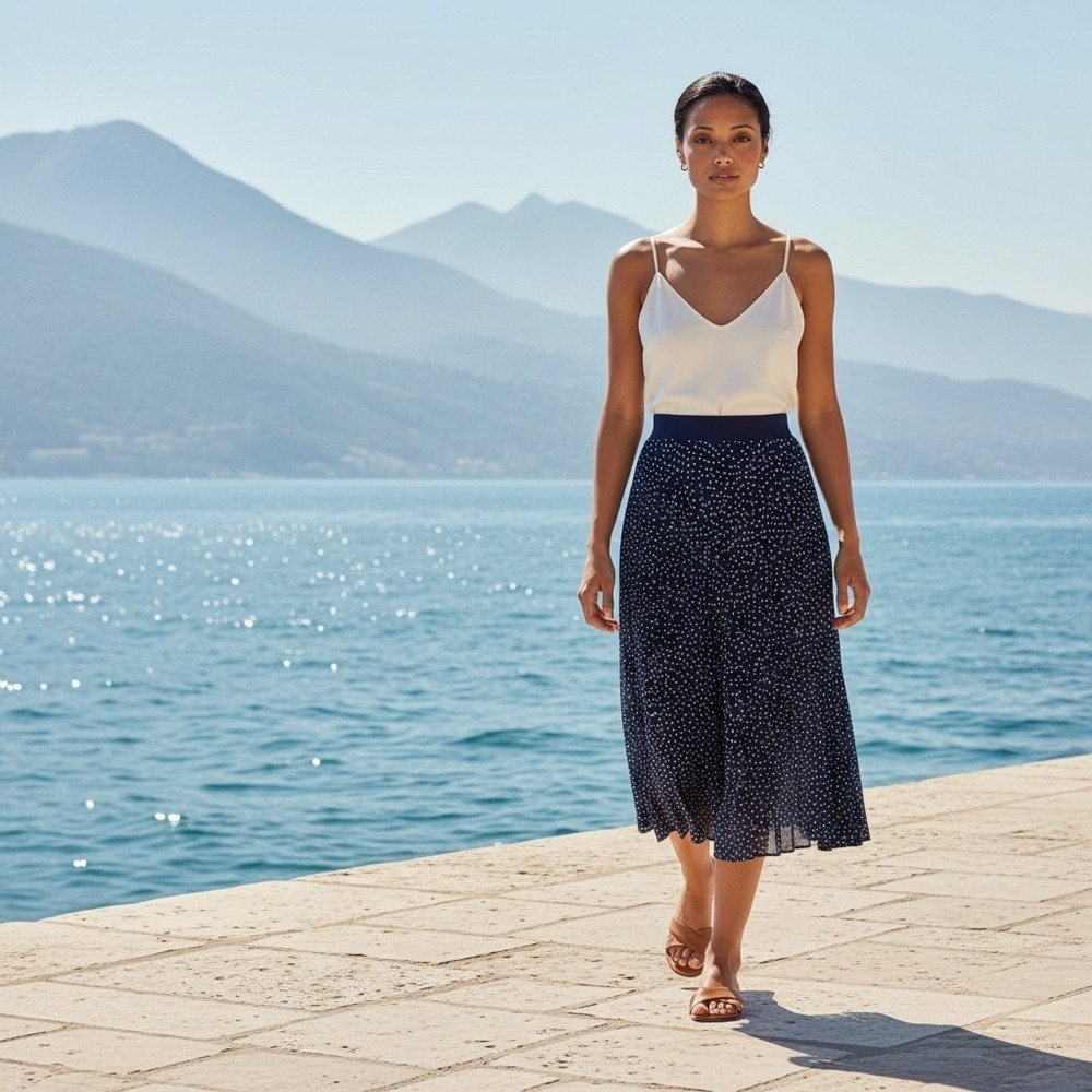 Andi + James Navy Blue Polka Dot Pleated Midi Skirt XL Elastic Waist A-Line‎